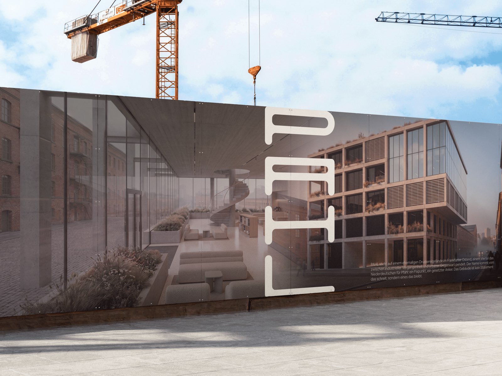 Pahl, gestalteter Bauzaun mit Wortmarke und Renderings